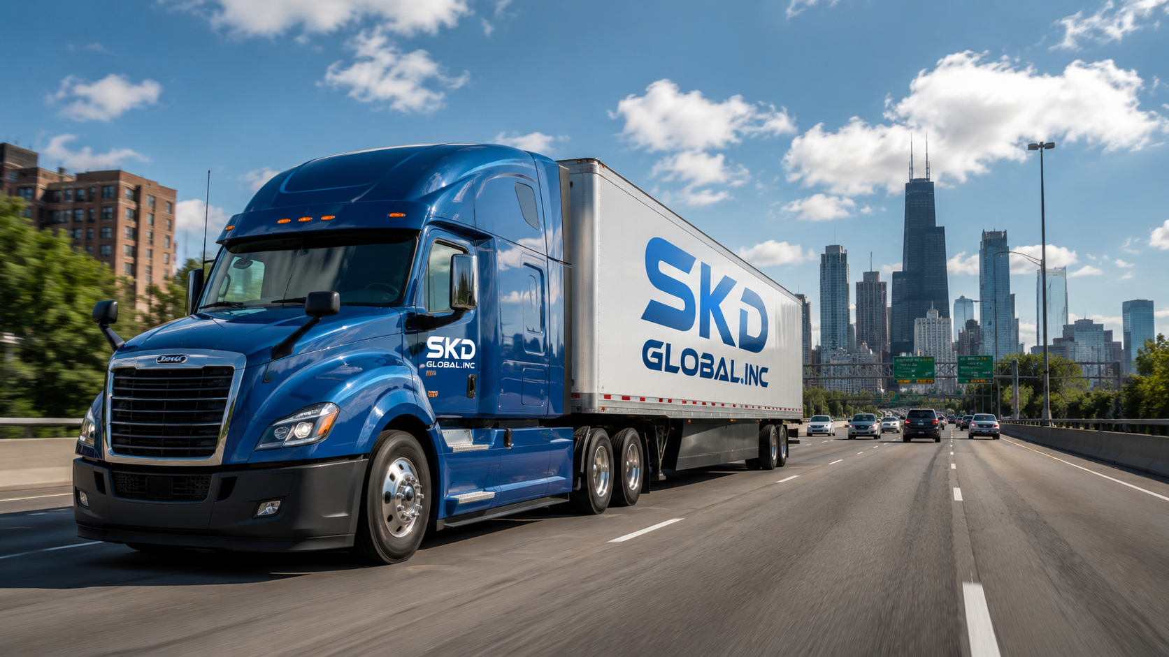 SKD Global truck running an Amazon Relay load on a freight highway
